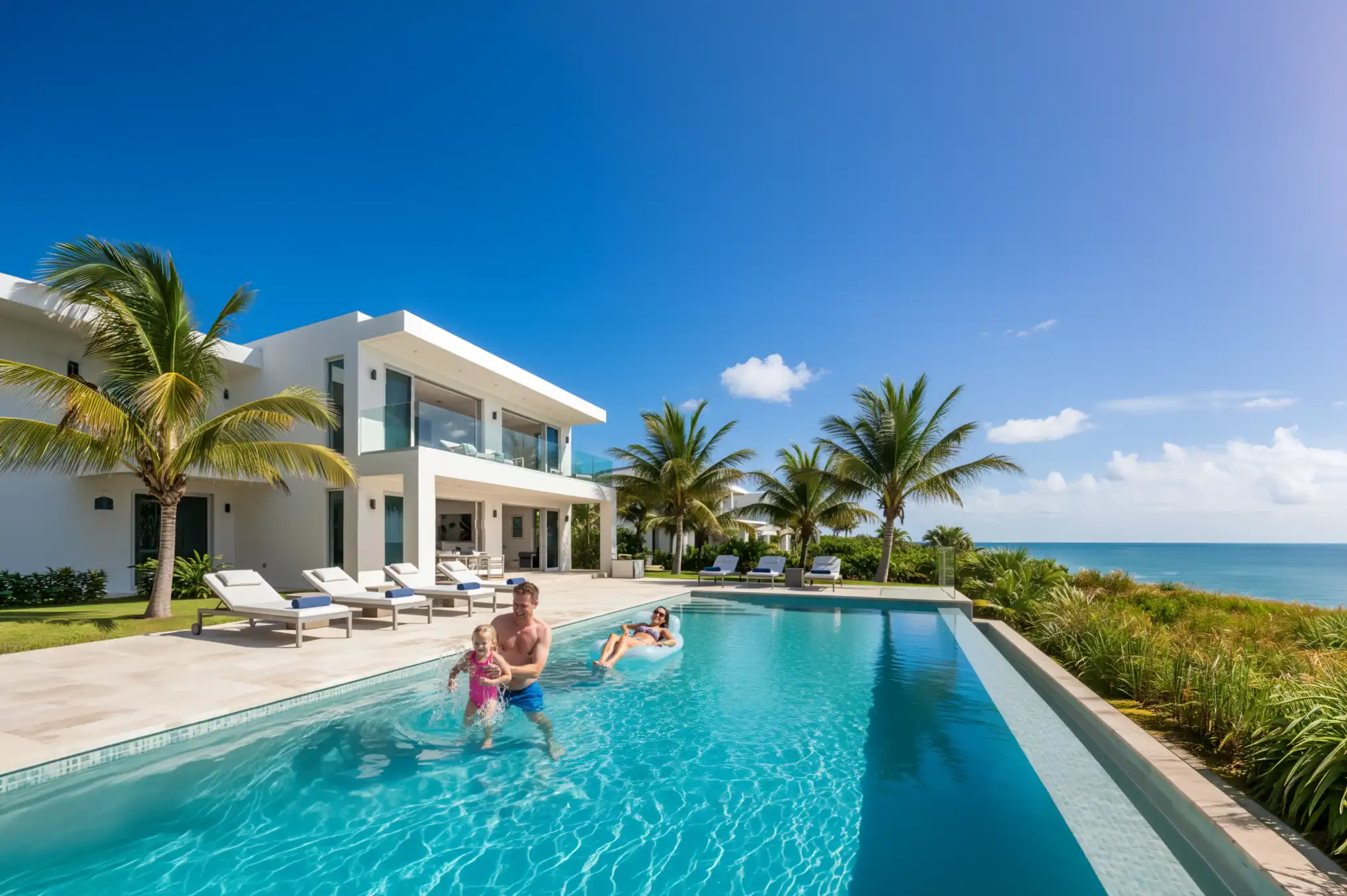 Family enjoying the pool of a beachfront villa